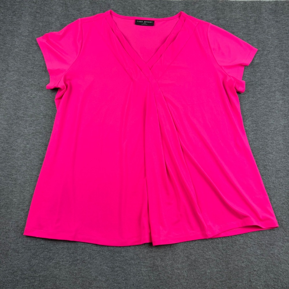 Lane Bryant V-Neck Blouse Womens 14/16 Hot Pink Short Sleeve Pleated Front Top